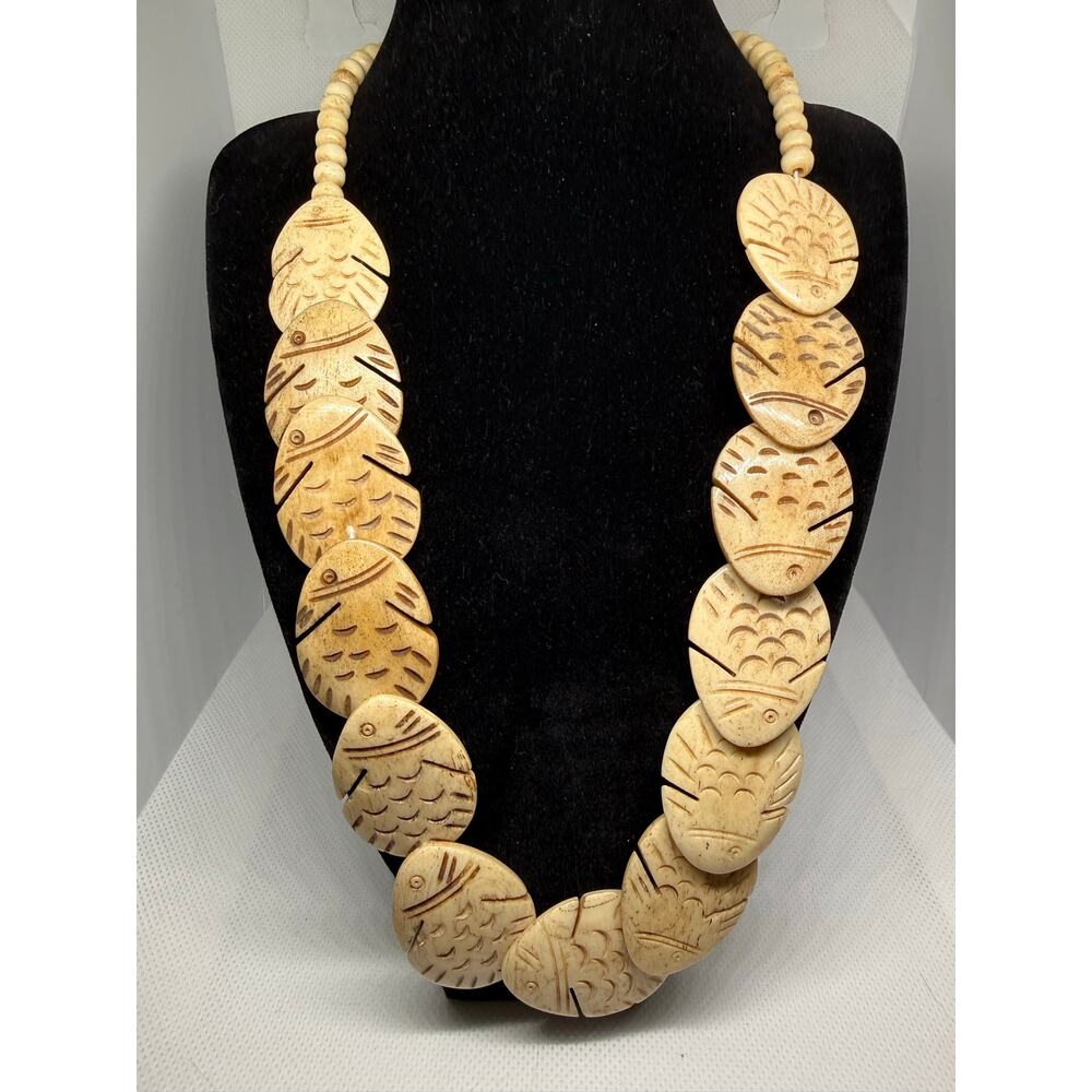 Vintage Bovine Bone Carved Fish Scale Statement Necklace